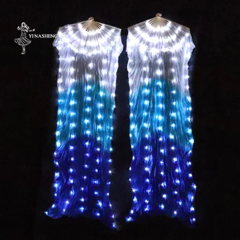O Ventilador com LED Osso Mais do Diodo emissor de Dança do Ventre Desempenho Fãs de Seda Branca Brilhante Azul do arco-íris LEVOU Fãs de Dança 1 pc / 1 par de Pilhas