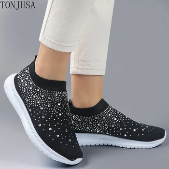 Vulcanizada Meia Sapatos 2022 Mulheres Formadores de Malha, Tênis de Senhoras Deslizamento de Cristal Cintilante Zapatillas Mujer Casual Plus Size 43