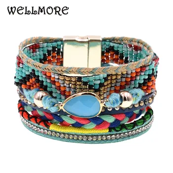 WELLMORE mulheres pulseira de Couro, pulseiras bohemia esferas frisado charme pulseiras para mulheres moda jóias drop shipping